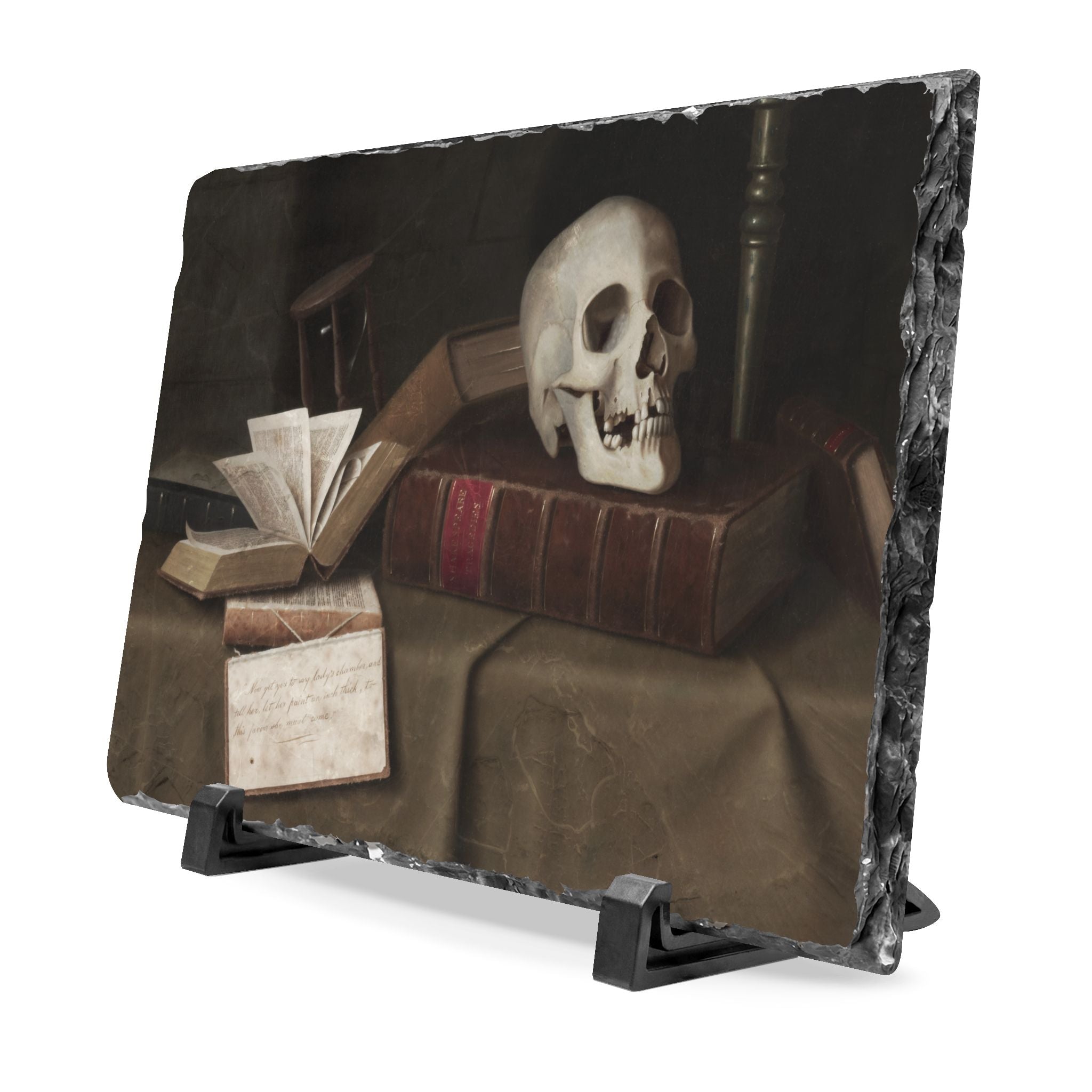 Skull & Books Slate Desk Plaque — Gothic Vanitas Décor