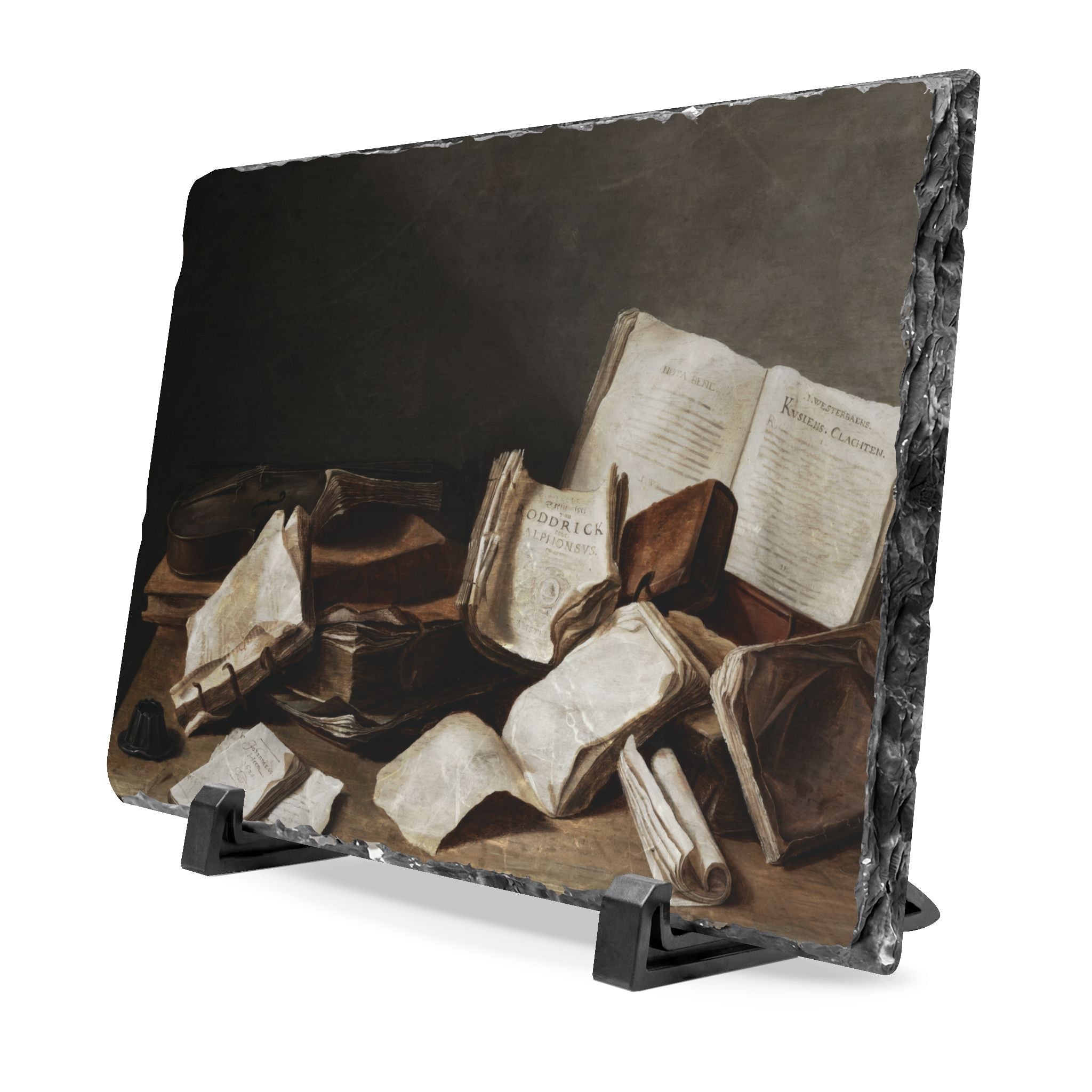 Vintage Still Life Slate Desk Plaque — Antique Books Art Display