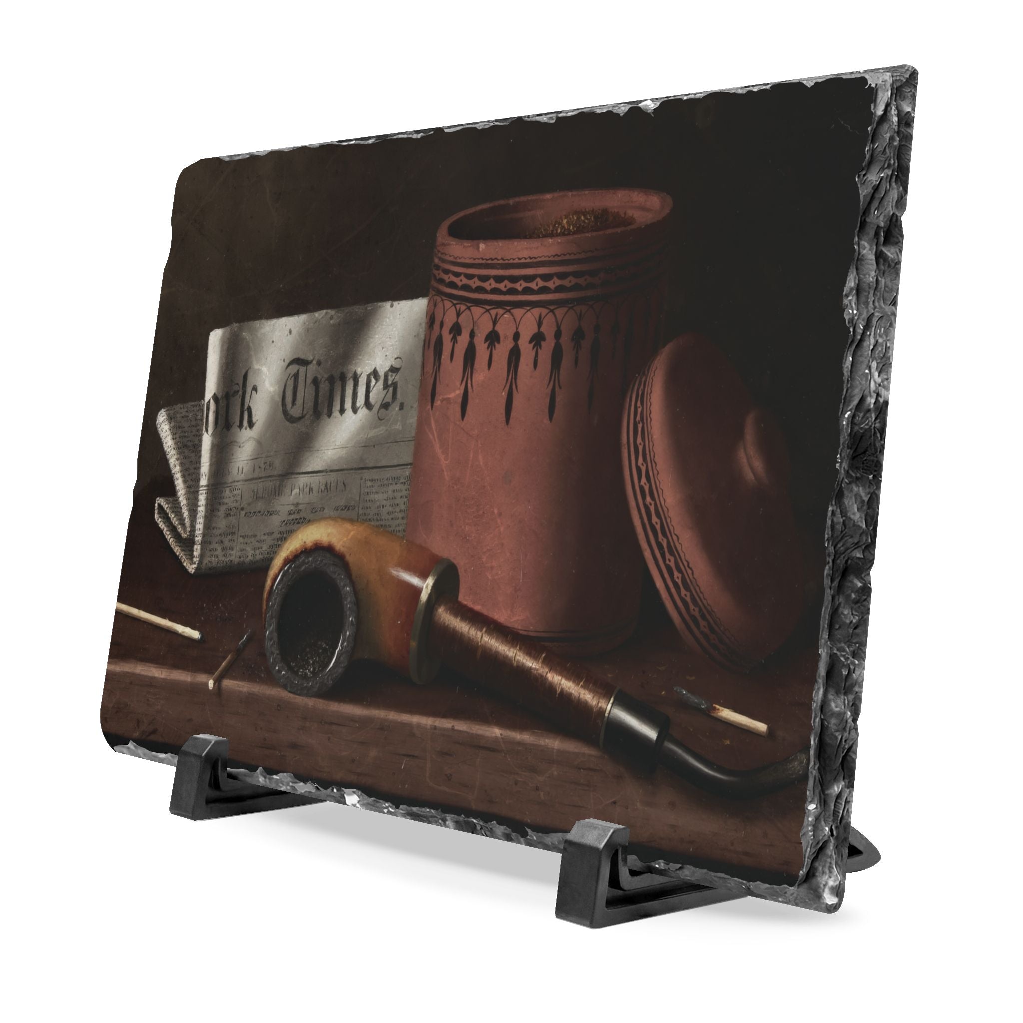 Vintage Pipe & Newspaper Slate Desk Plaque — Rustic Office Decor Gift