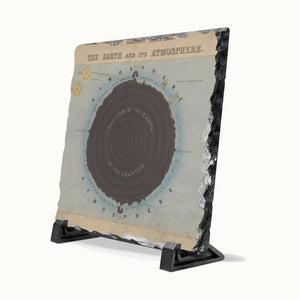 A square slate display plaque featuring a vintage scientific illustration of 'The Earth and Its Atmosphere,' shown on a black stand against a light gray background.