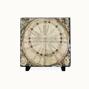A square decorative plaque or coaster featuring an antique celestial map design, displayed on a small black stand against a plain light background.