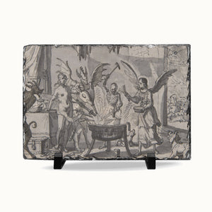A rectangular slate serving board featuring a detailed black and white illustration of a classical mythological scene with a skeleton, winged figures, and animals, displayed on a clean white background with two small black display stands.