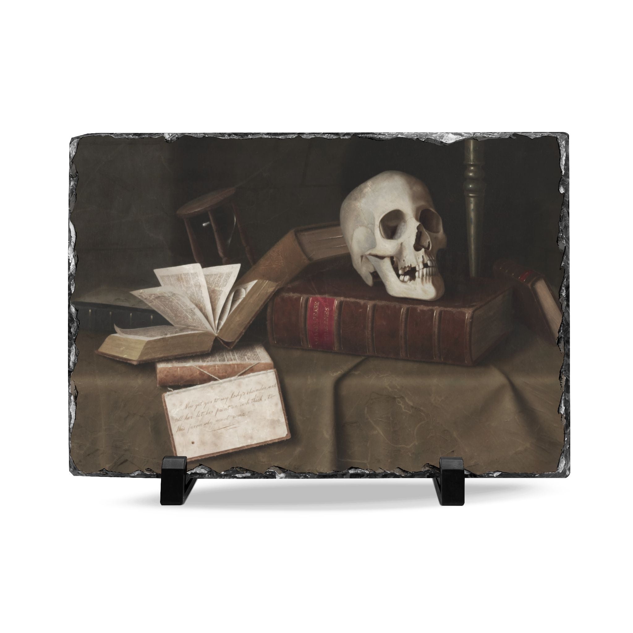 Skull & Books Slate Desk Plaque — Gothic Vanitas Décor