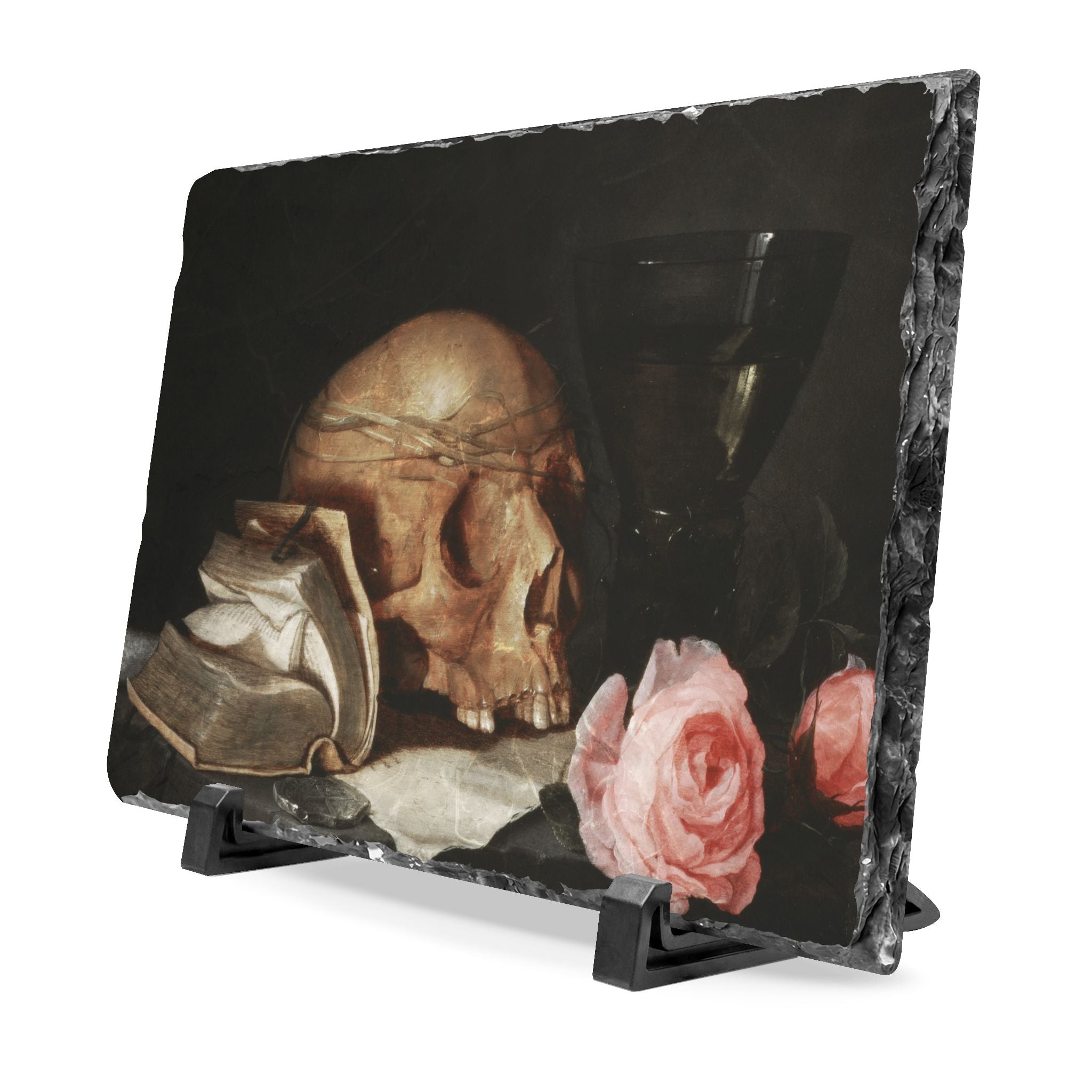 Vanitas Skull Slate Desk Plaque — Gothic Still Life Home Decor