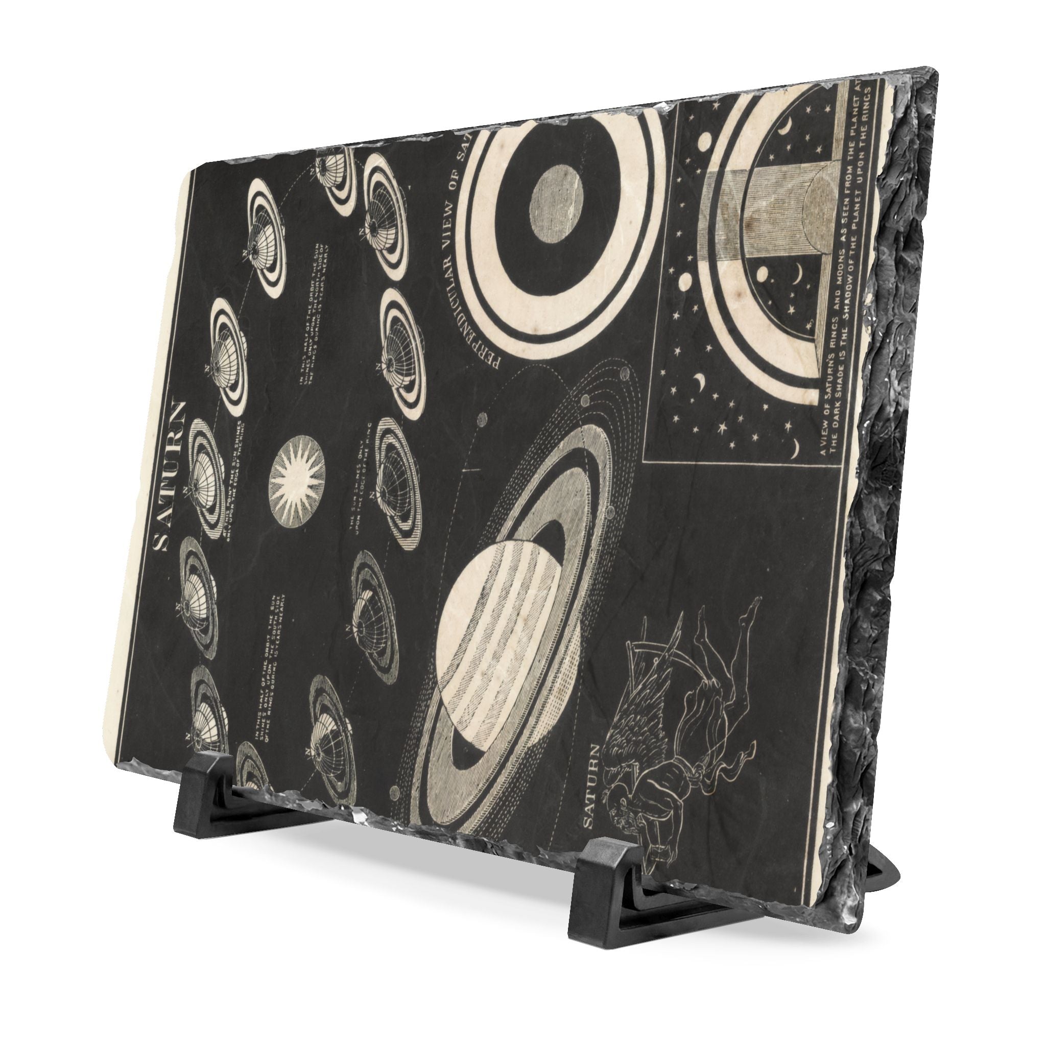 Vintage Astronomy Slate Desk Plaque — Saturn System Illustration Decor