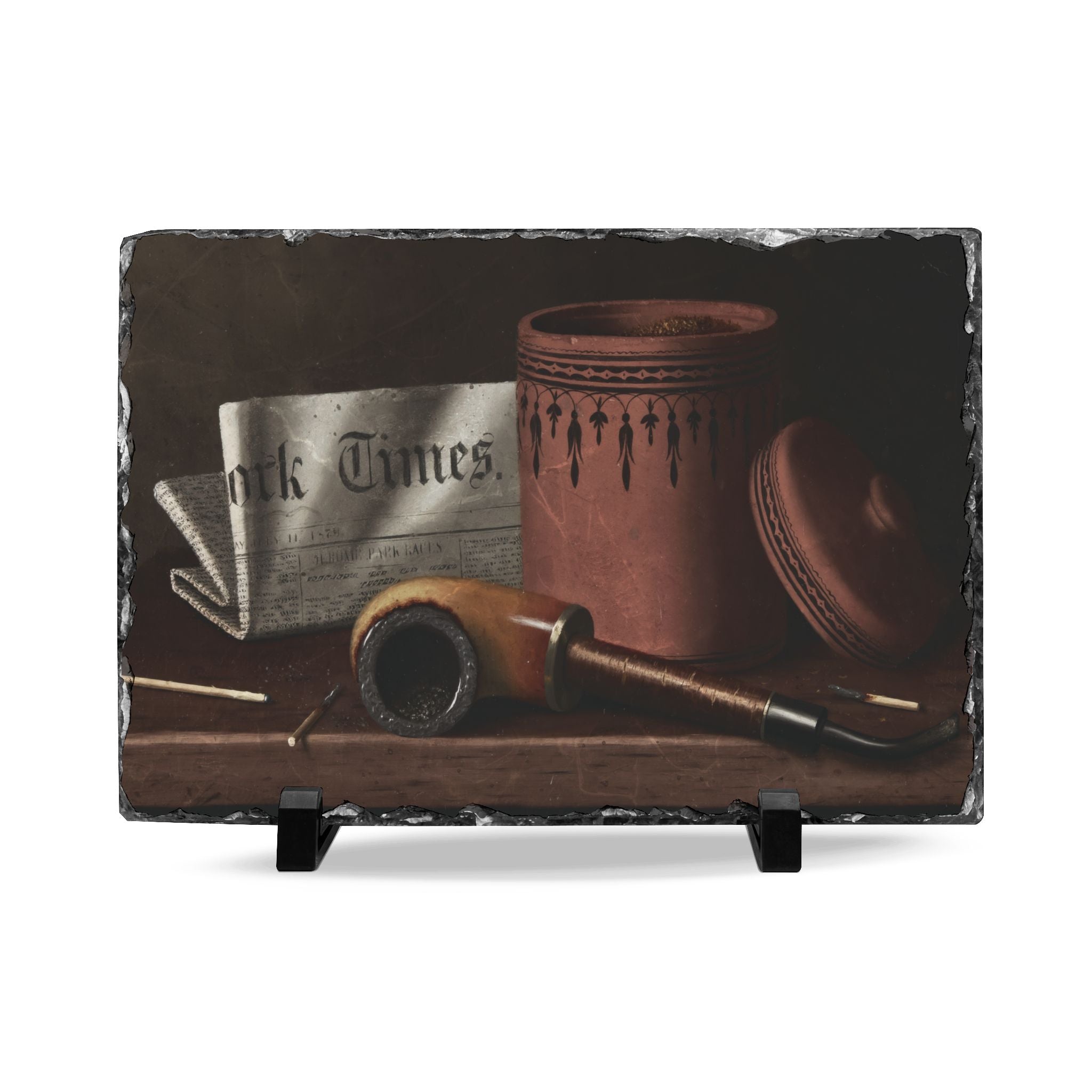 Vintage Pipe & Newspaper Slate Desk Plaque — Rustic Office Decor Gift