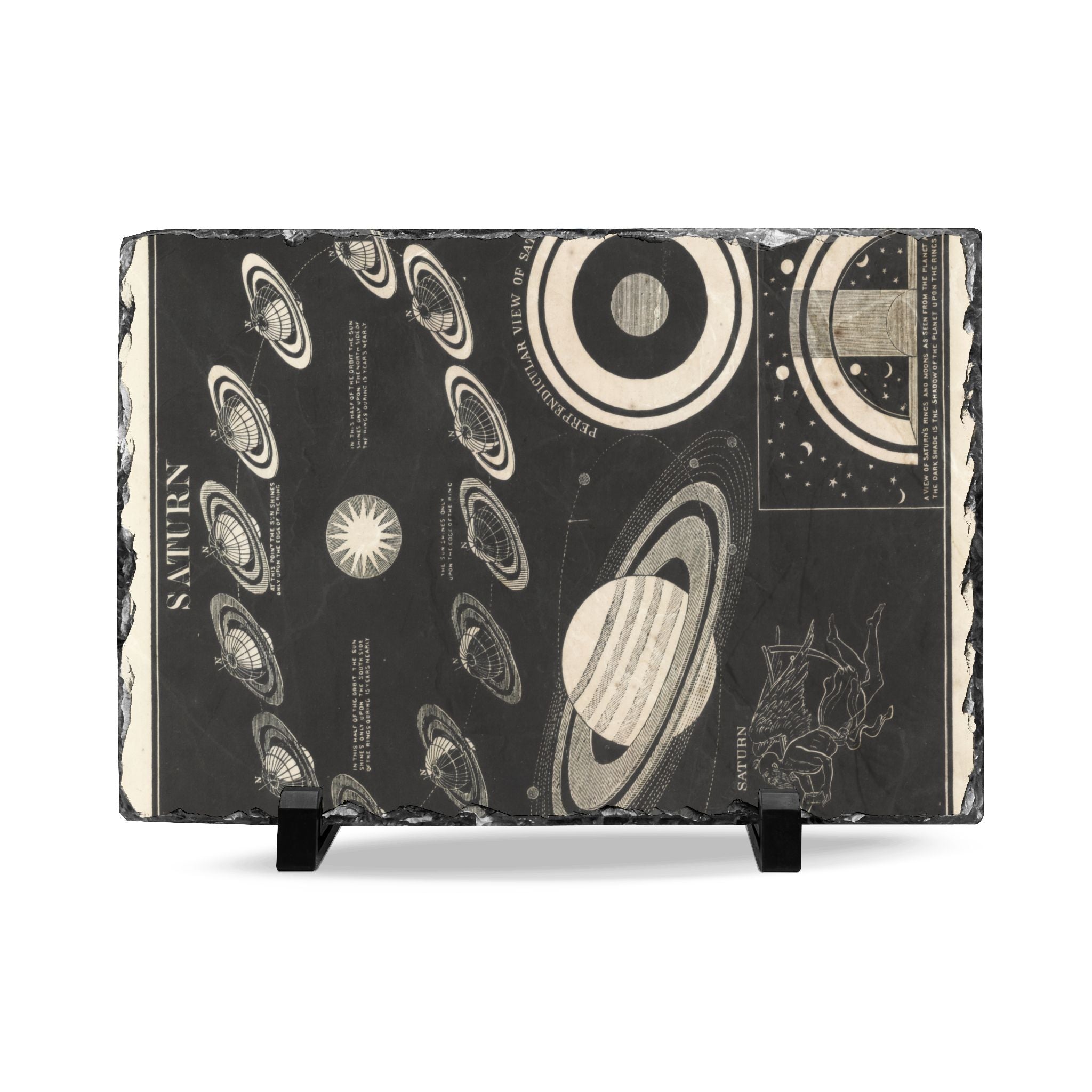 Vintage Astronomy Slate Desk Plaque — Saturn System Illustration Decor