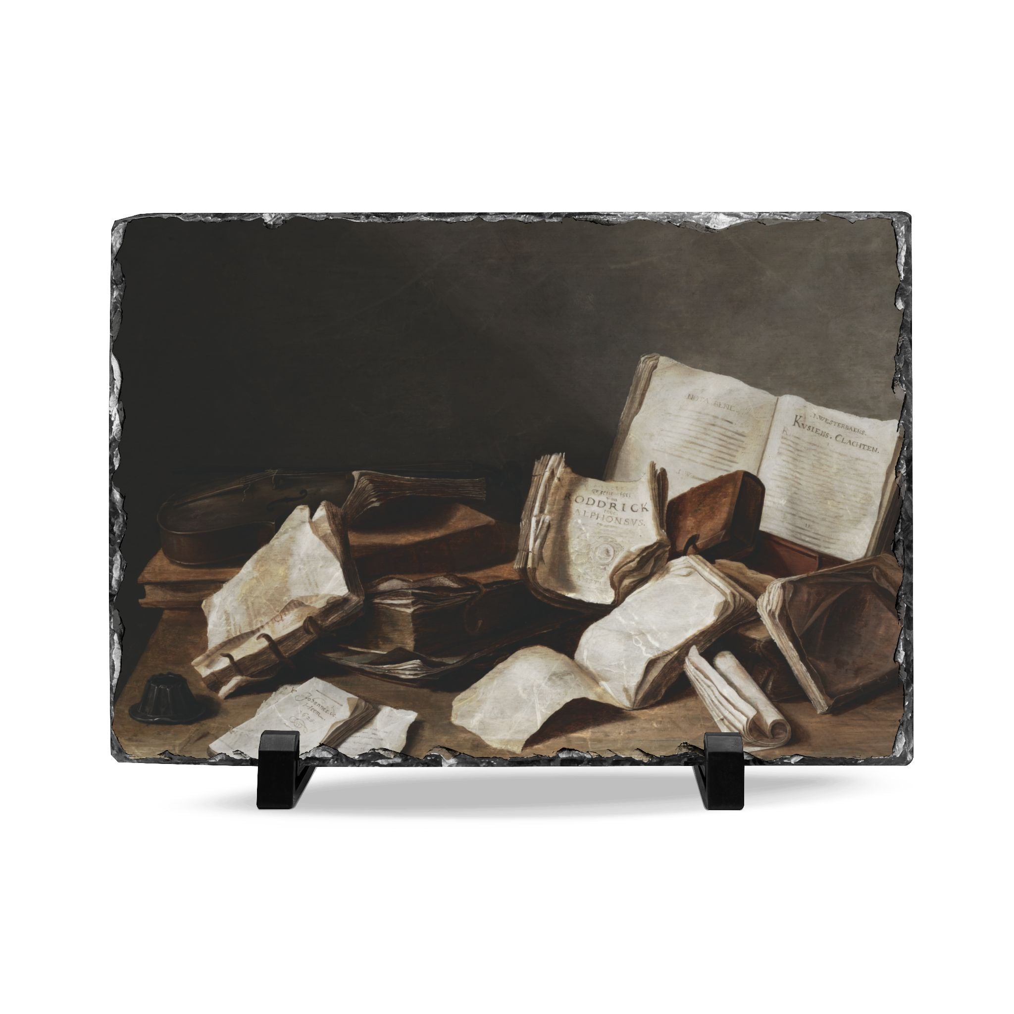 Vintage Still Life Slate Desk Plaque — Antique Books Art Display