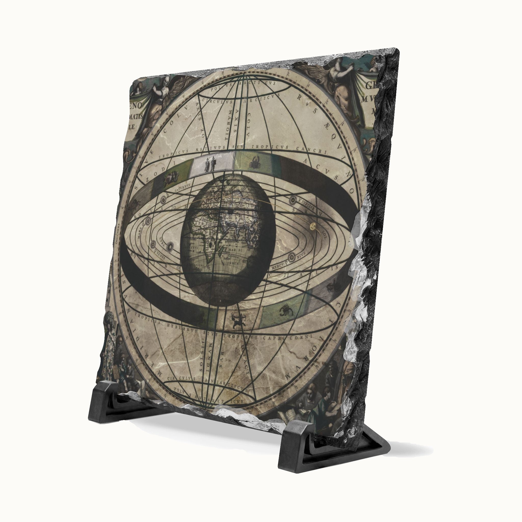 A square decorative slate tile with a vintage celestial map design, displayed on a black stand against a white background.