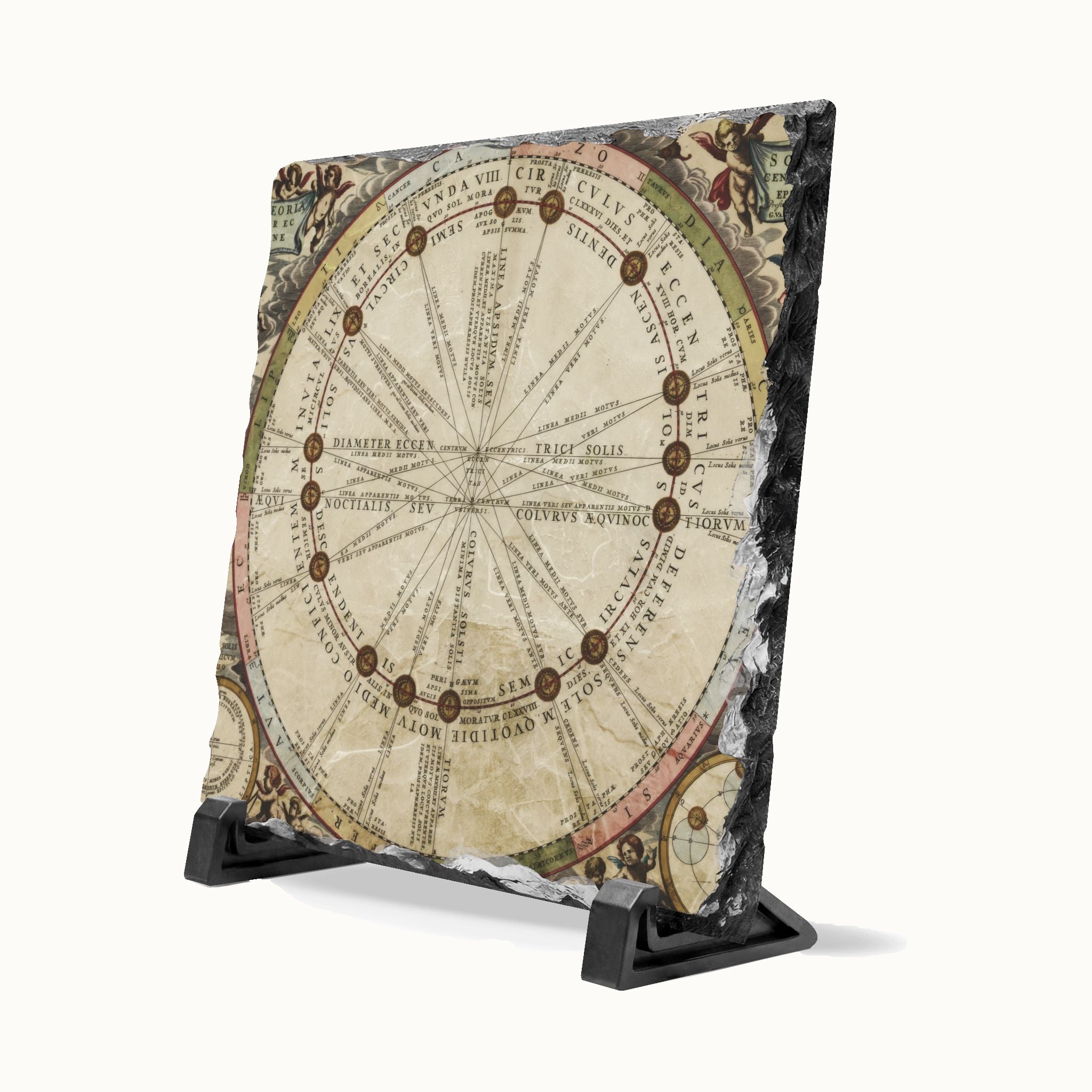 A square decorative tile or coaster featuring an antique celestial map design, displayed on a black stand against a light gray background.