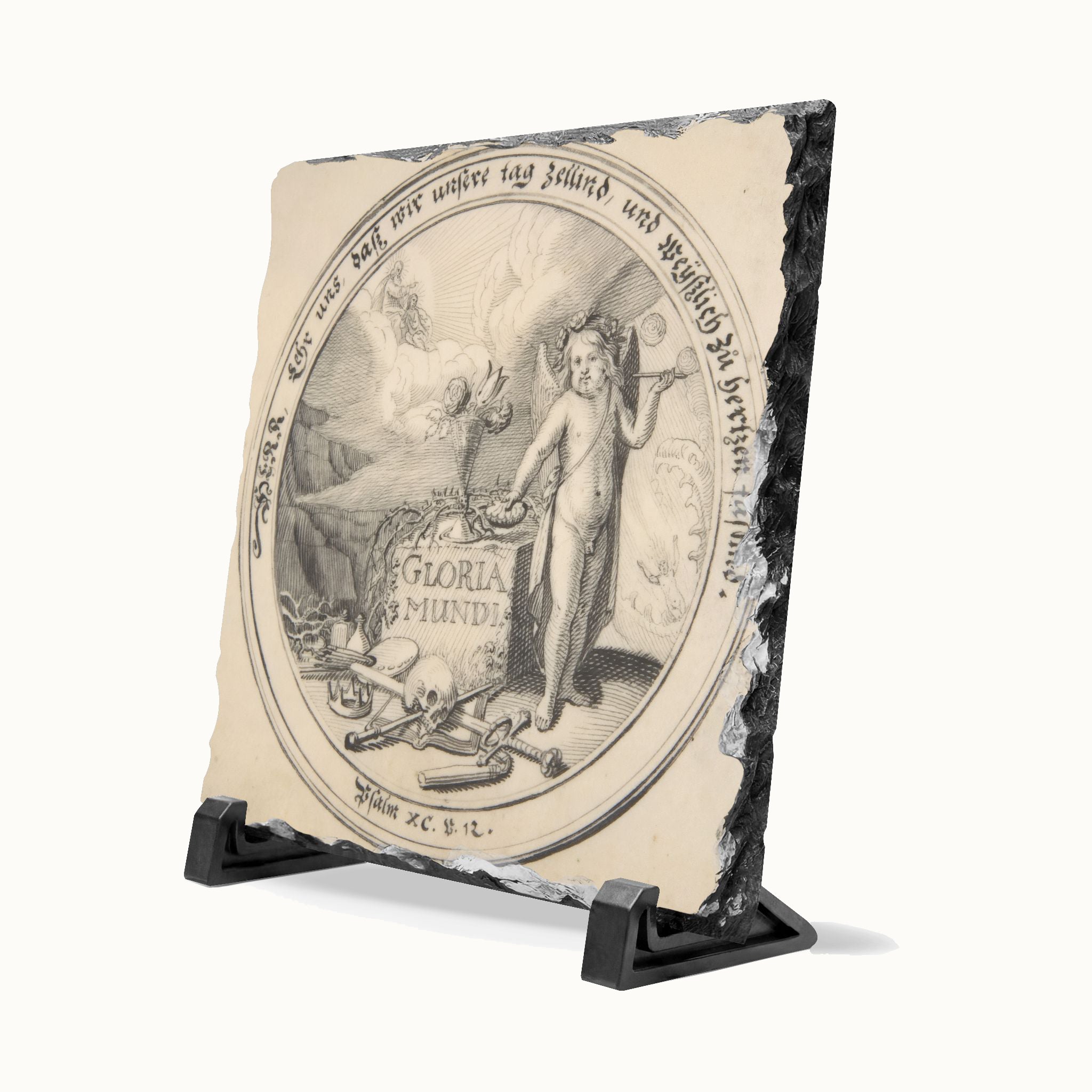 A square decorative tile or plaque with a black-and-beige classical illustration on a rough natural stone base, displayed on a black stand against a light gray background.