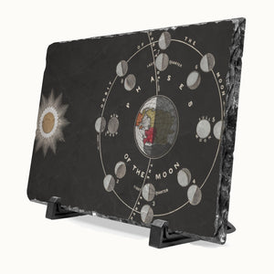 A rectangular black slate plaque on a small black display stand, featuring a moon phase diagram with moon phases arranged in a circle around a central globe illustration and a sun graphic on the left.