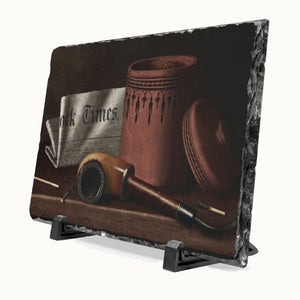 A rectangular slate sign with a rustic still life print of a smoking pipe, a tin canister, and a newspaper, displayed on a black stand against a white background.