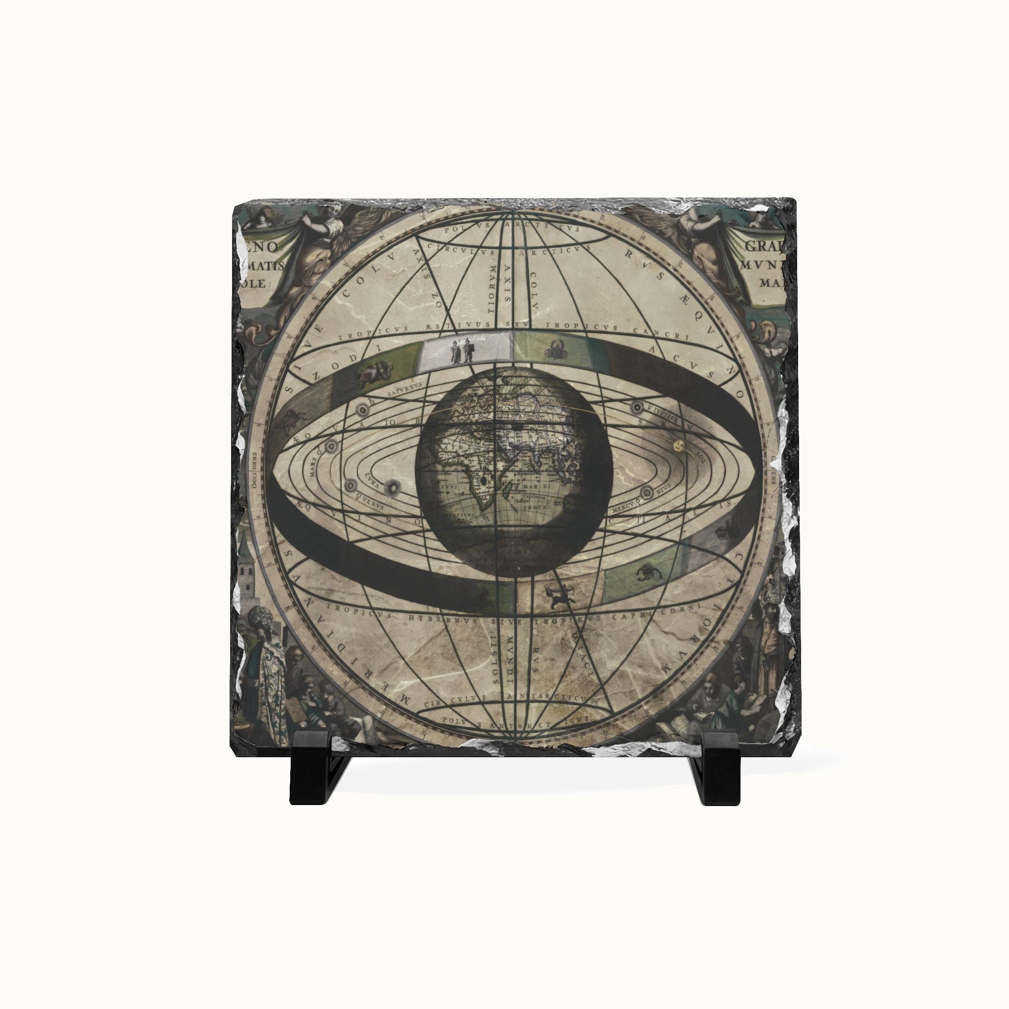 A square decorative tile or coaster featuring an antique celestial map design with the Earth at the center and orbit rings, shown on a plain white background with small black feet at the bottom.
