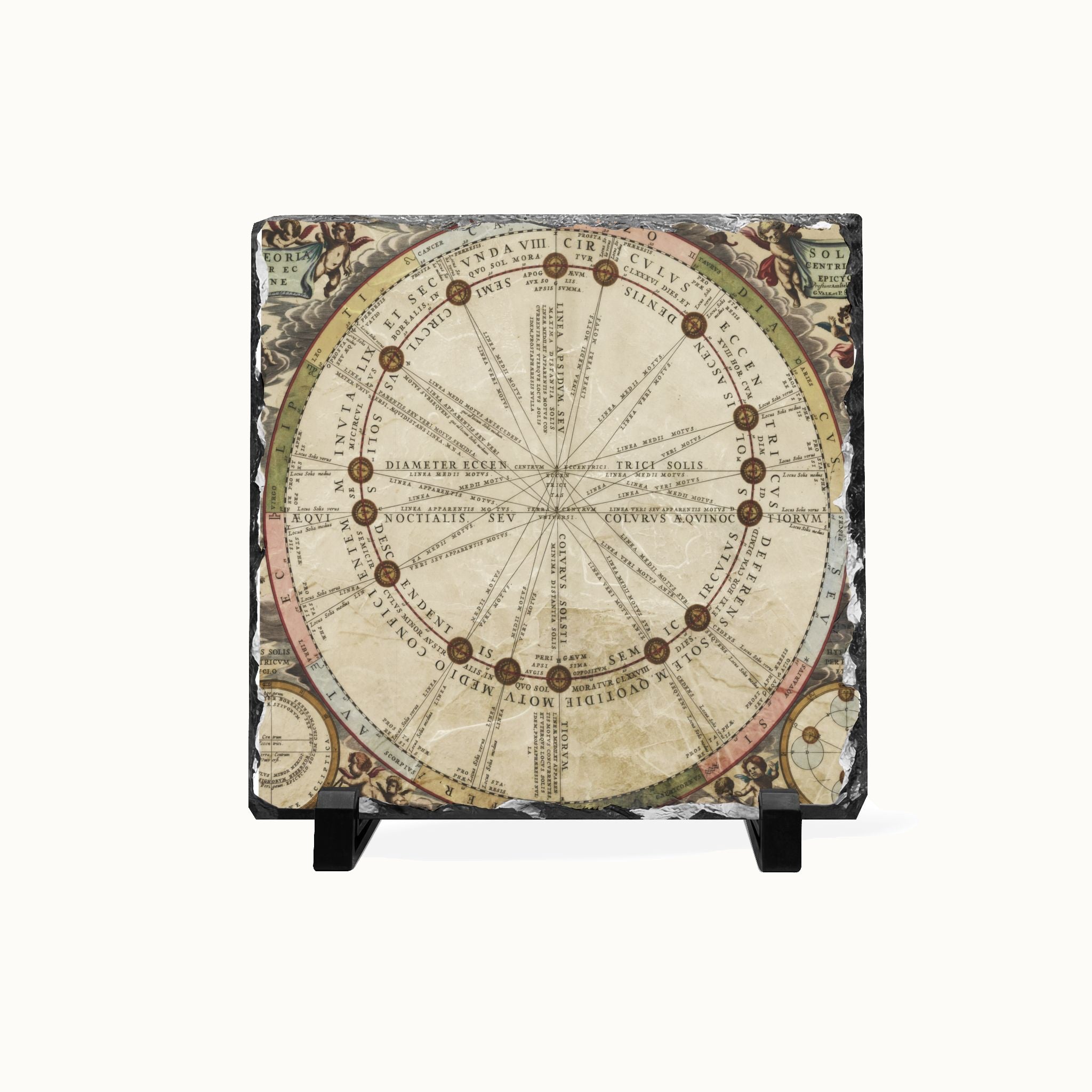 A square decorative plaque or coaster featuring an antique celestial map design, displayed on a small black stand against a plain light background.