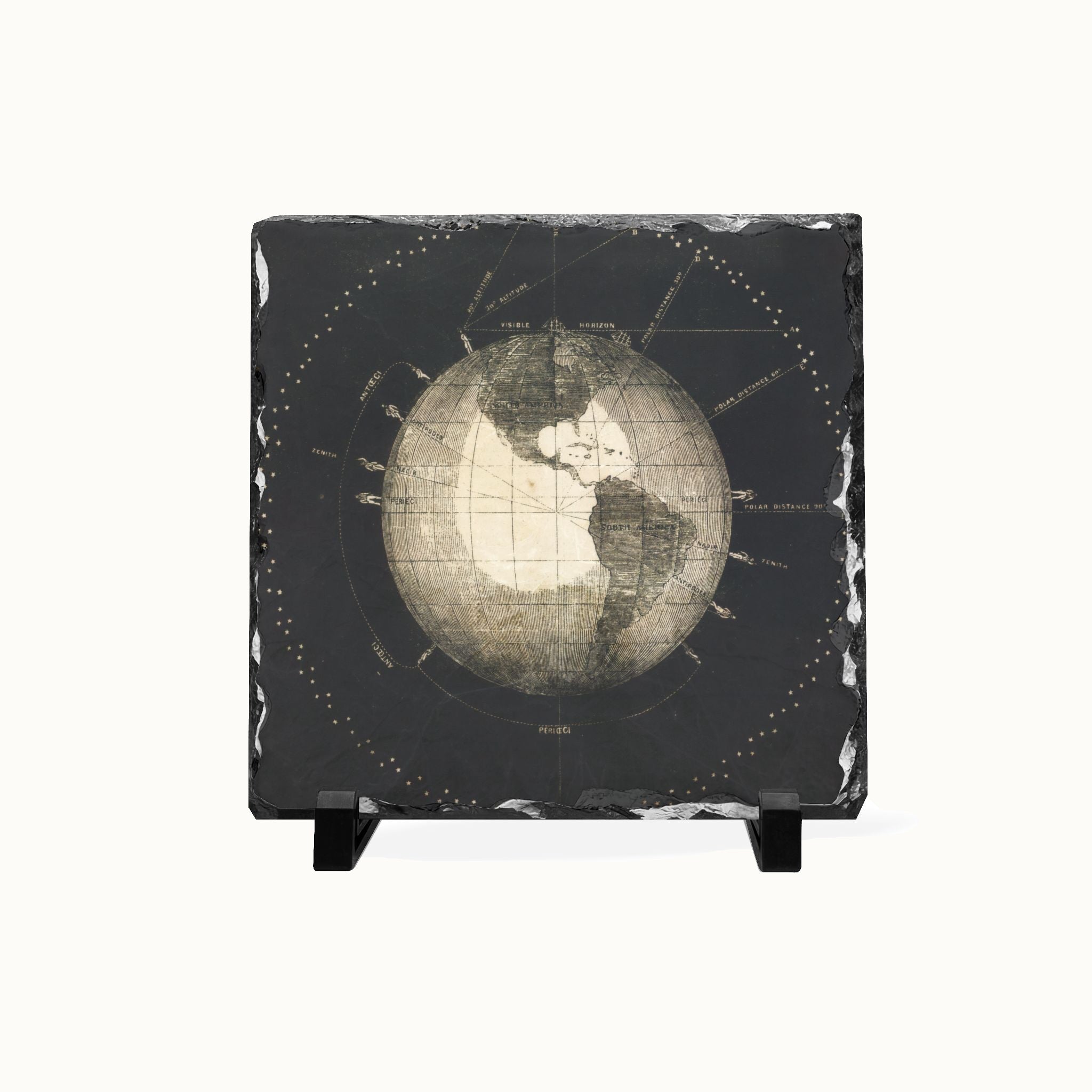 A square black slate coaster or decorative tile featuring an antique-style vintage globe map print, displayed on a small black stand against a clean white background.