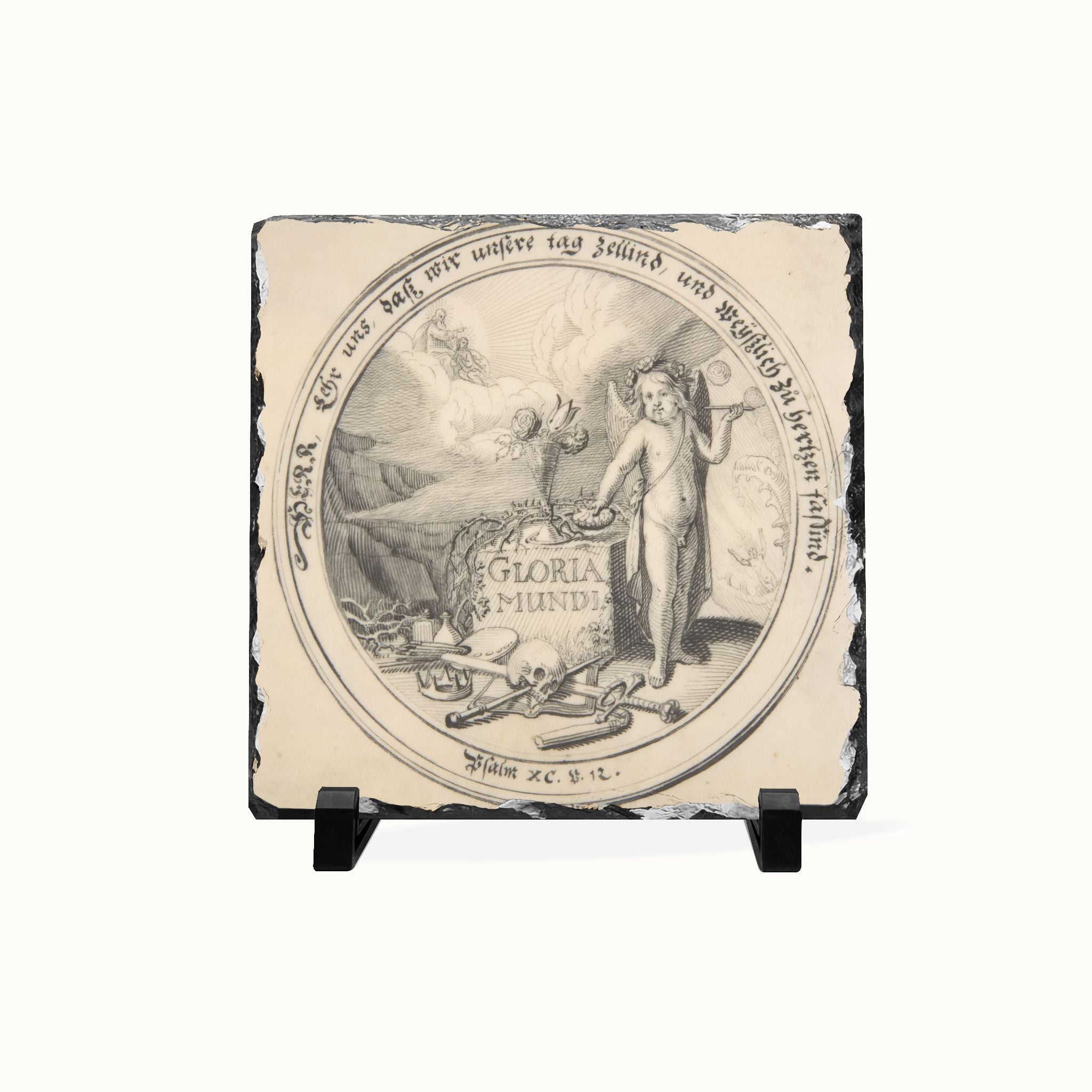 A square decorative slate tile with a black-and-white classical illustration of a figure and the text 'GLORIA MUNDI', displayed on a small black stand against a plain white background.
