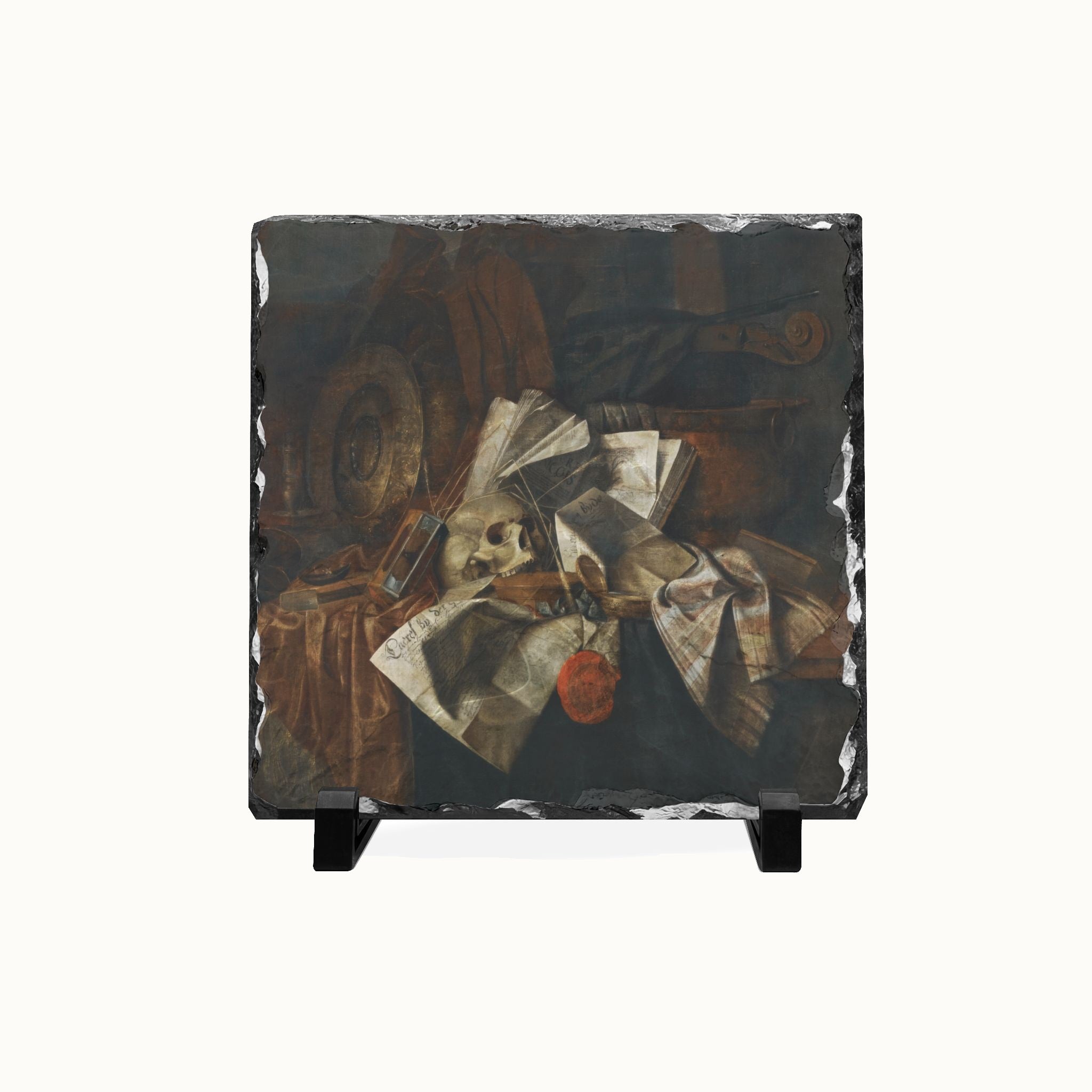 A square decorative slate tile featuring a classic still life painting print, displayed on a clean white background with black feet.