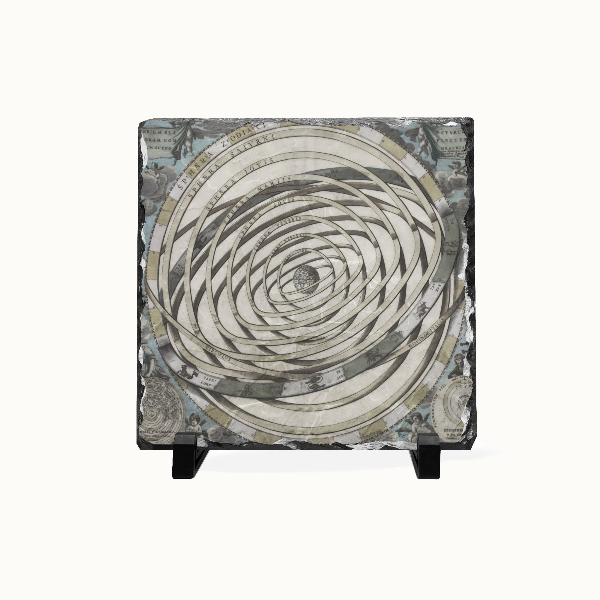 A square decorative tile or coaster featuring a spiral geometric pattern in cream, gray, and black, with a distressed money-print texture and small black display feet at the bottom, shown on a plain light background.