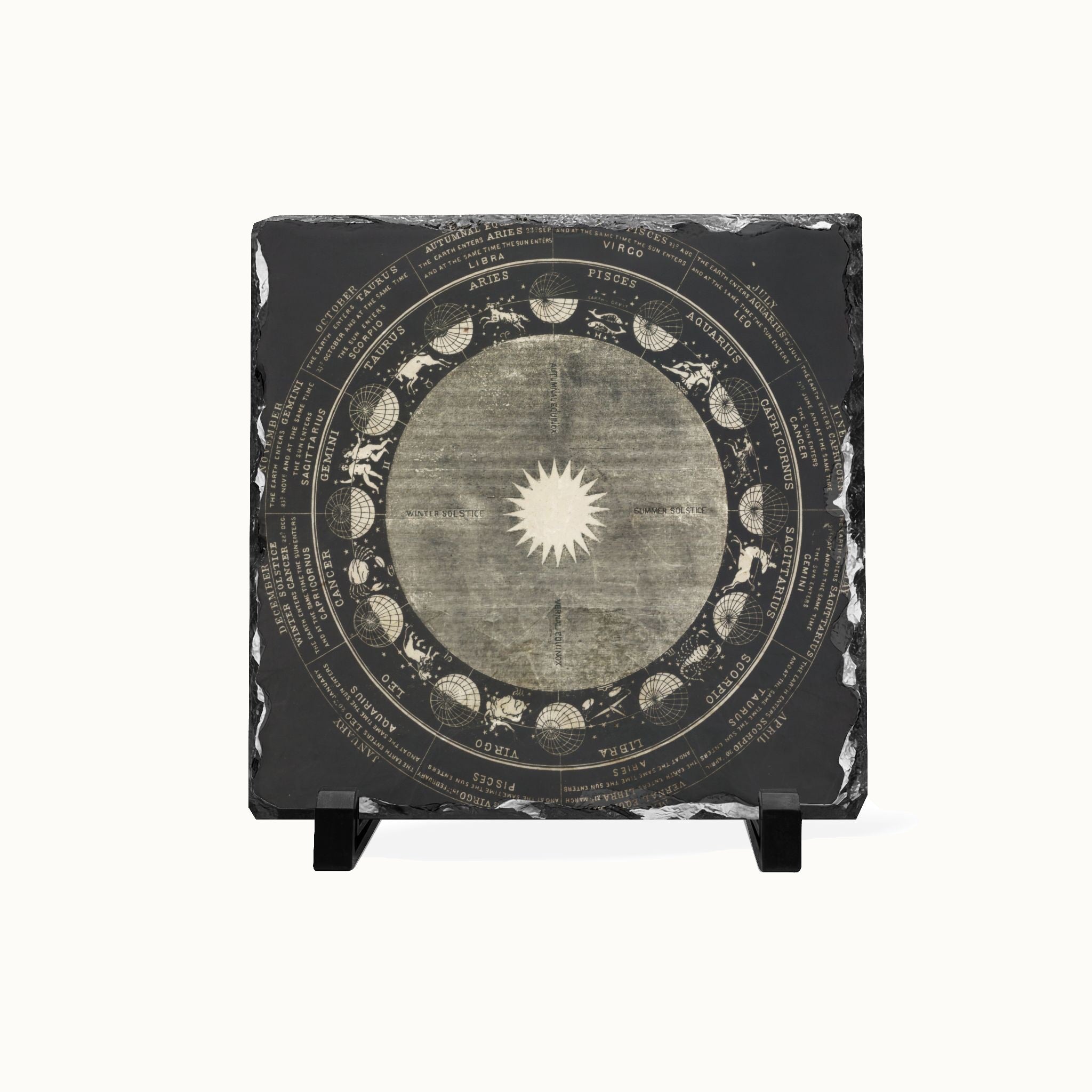 A square decorative plaque or coaster featuring an antique celestial chart with moon phases and a central sun motif, displayed on a small black stand against a white background.