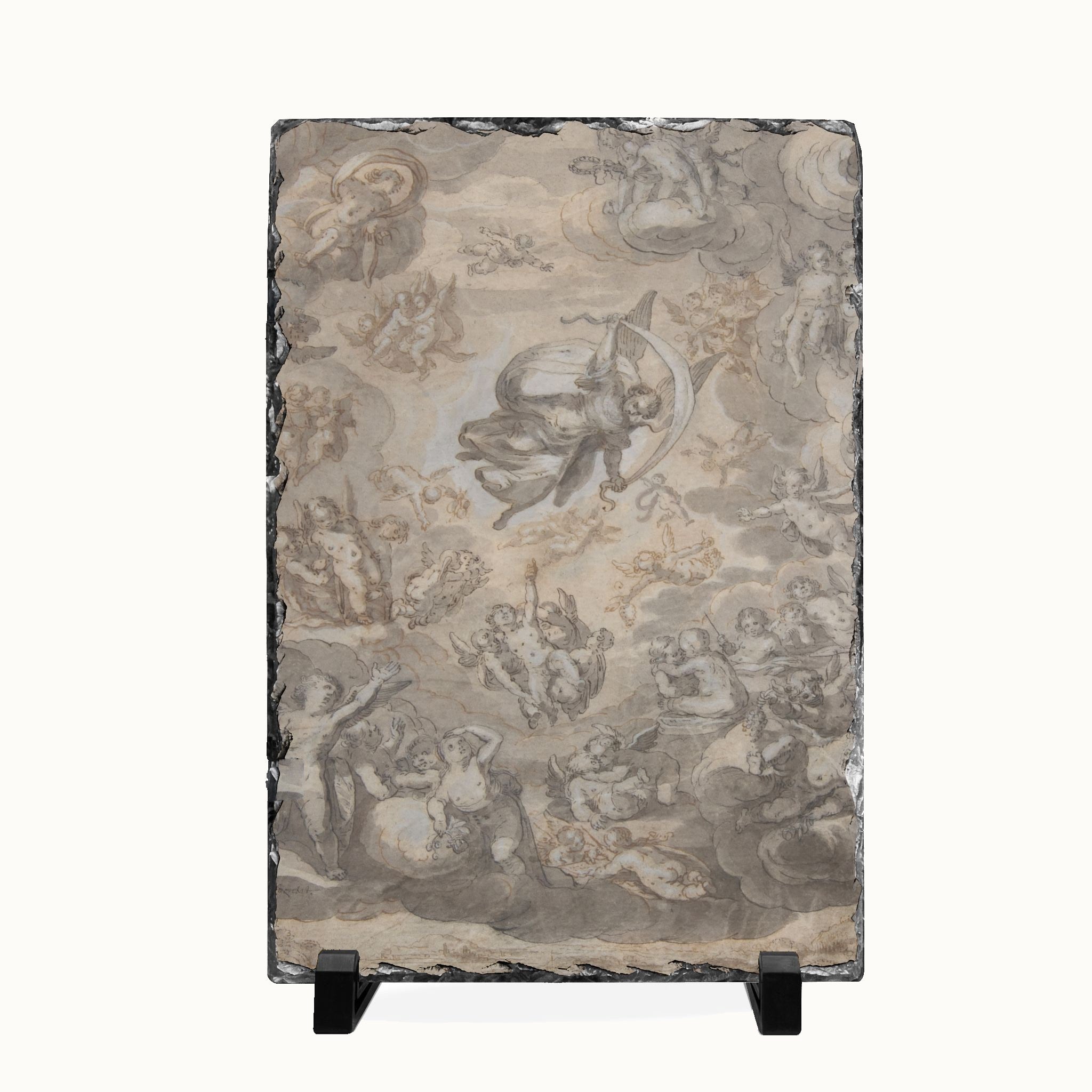 A rectangular slate art board displaying a classical fresco painting with cherubs and clouds, shown on a black display stand against a light off-white background.