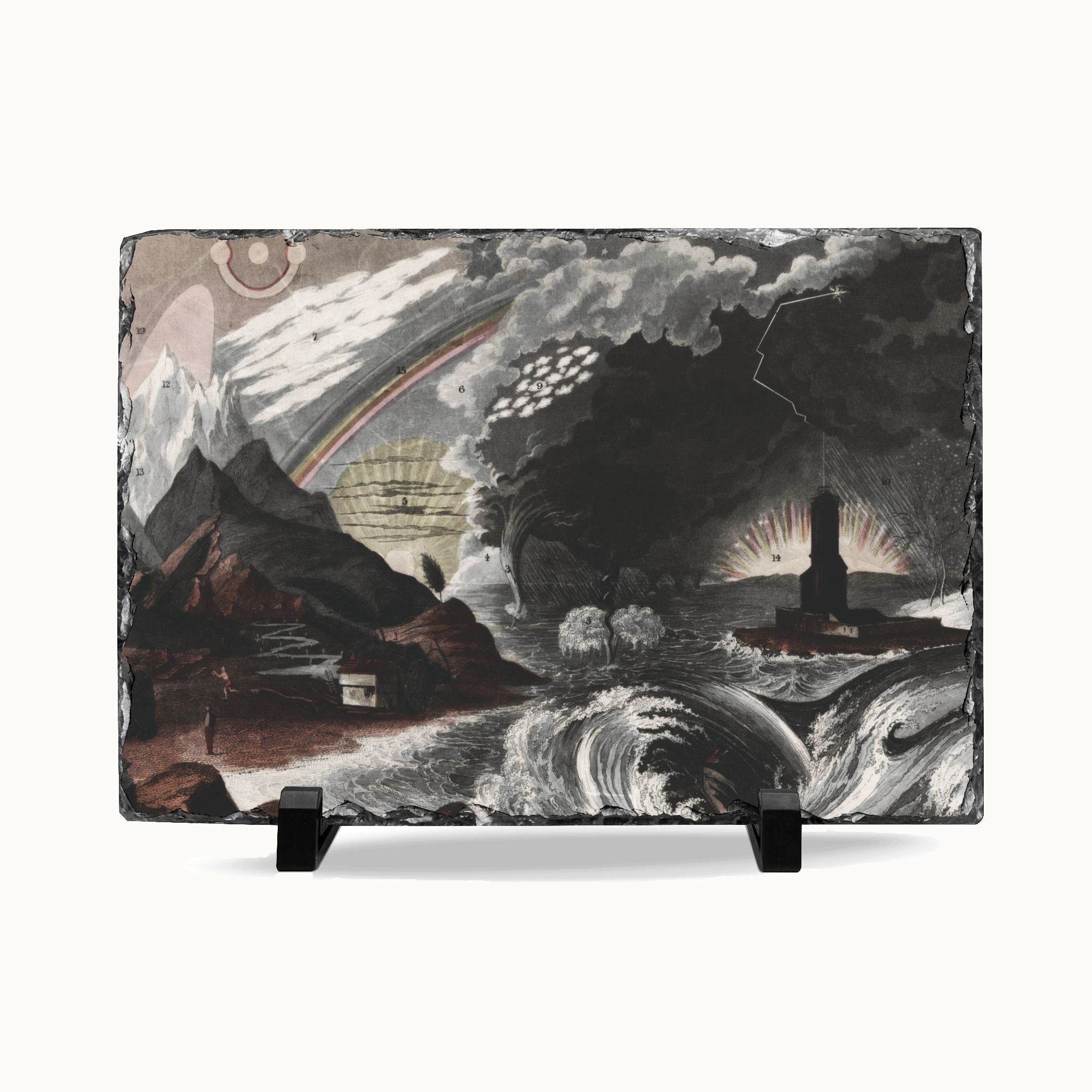 A rectangular slate art plaque displaying a dramatic landscape painting with a stormy sky, rainbow, mountains, waves, and a lighthouse, shown on a light gray background with two small black display feet.