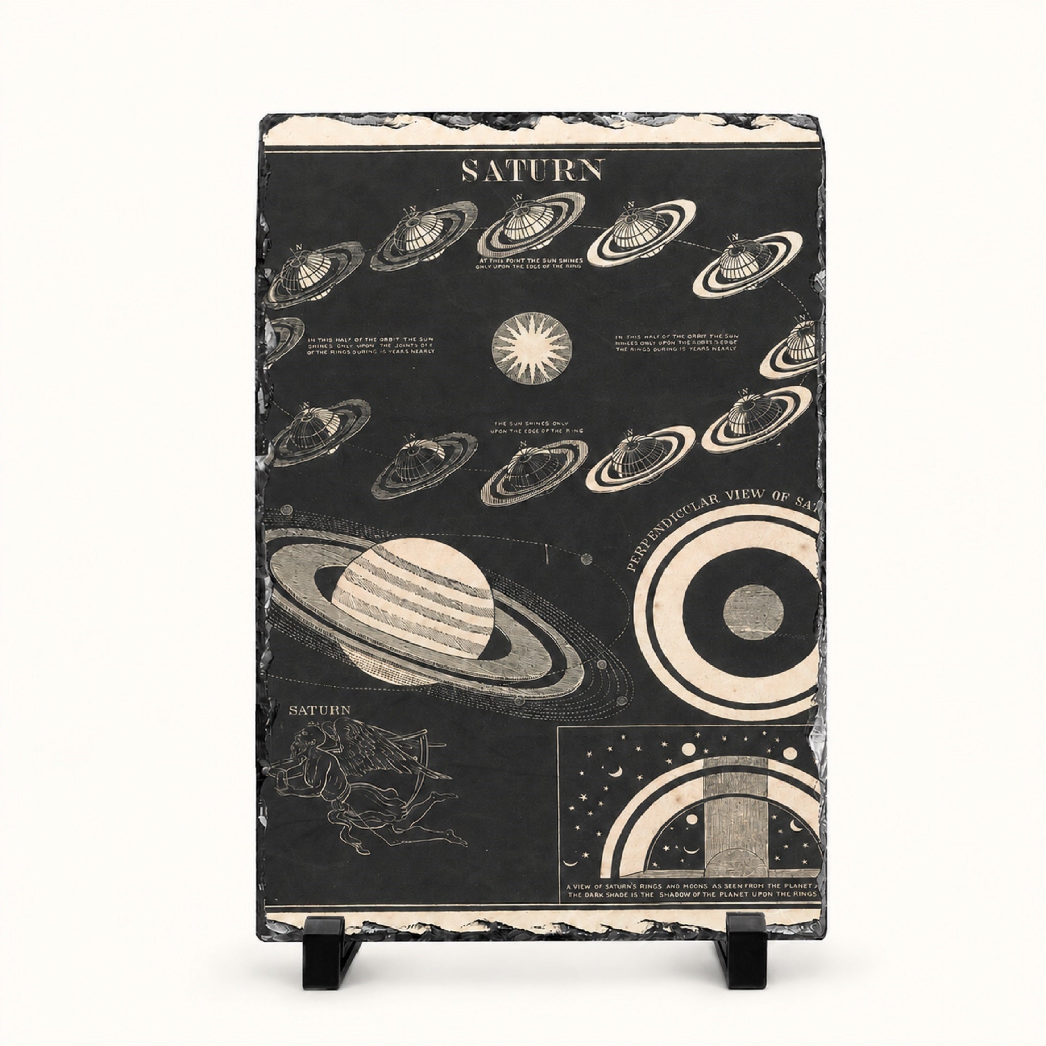 A rectangular black slate sign featuring a vintage-style celestial illustration of Saturn and other planets, displayed on a small black stand against a light off-white background.