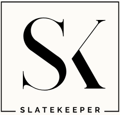 A minimalist black logo featuring the intertwined letters 'S' and 'K' inside a thin square border, with the word 'SLATEKEEPER' centered below on a light off-white background.